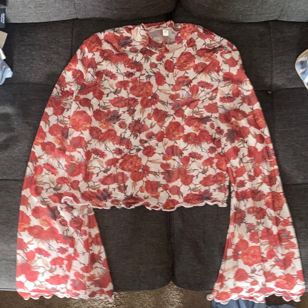 SHEIN Red Floral Sheer Blouse